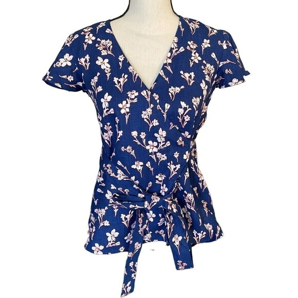 DRAPER James Top Full True Wrap Blue Floral 100% Linen Flutter Sleeve Womens 0 - Picture 1 of 9